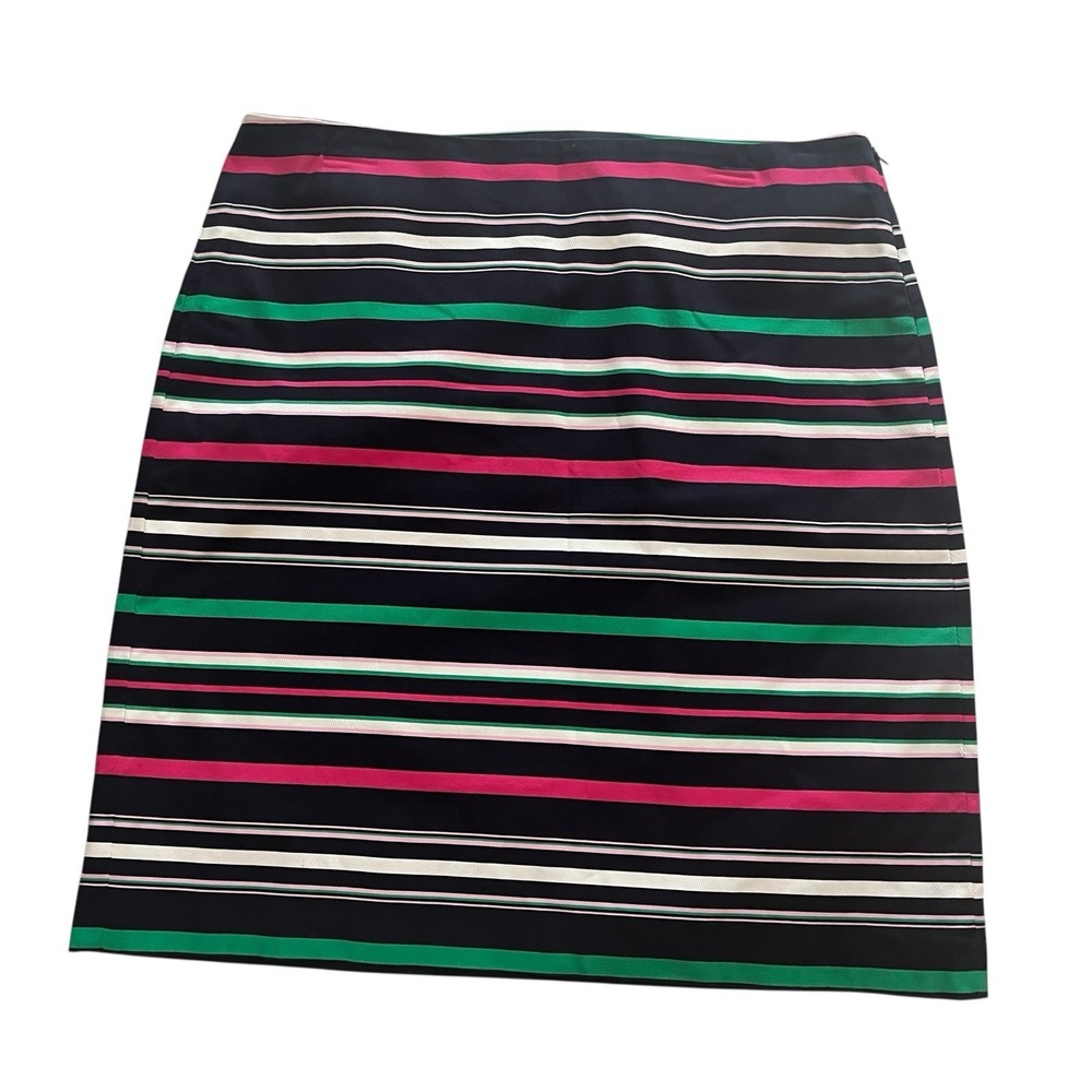 Talbots Women's Size 12 Pencil Skirt Navy Pink Green Stripe 98%Cotton Shell Work